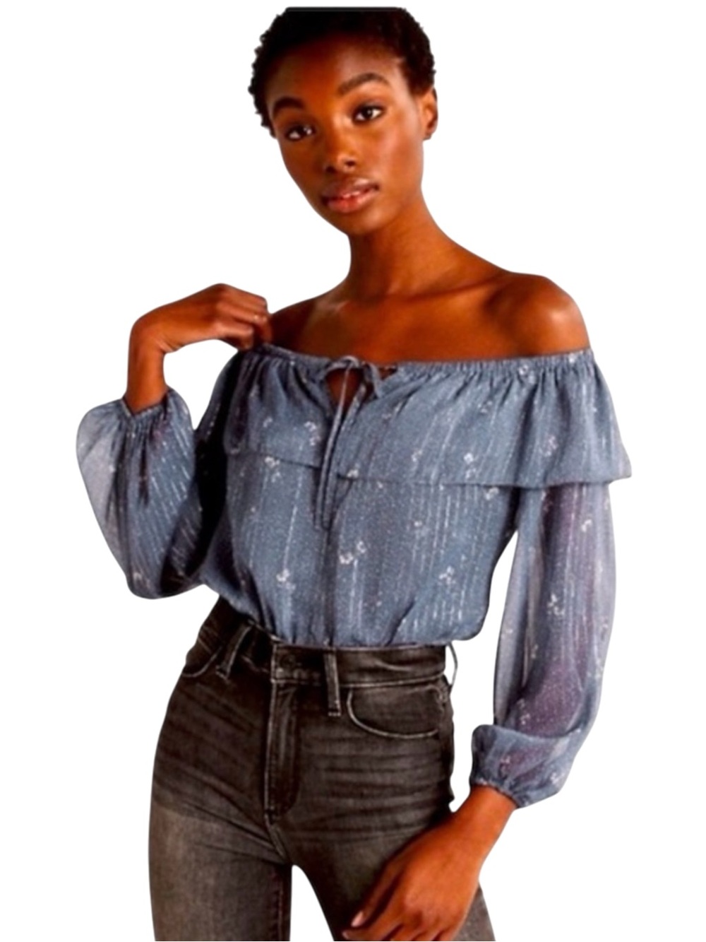 NWOT A&F Blue/White Floral Silver Thread Ruffle Off Shoulder Bodysuit (M)